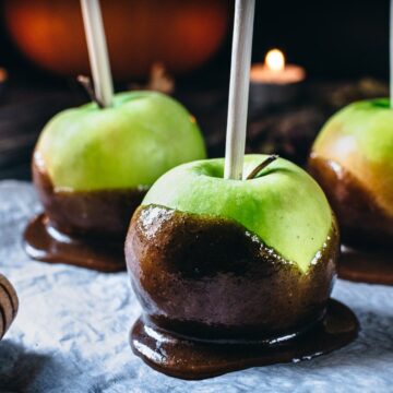 honey caramel apples up close on parchememt