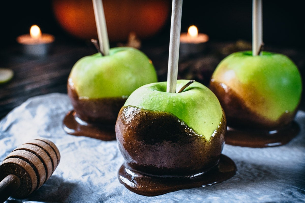 honey caramel apples up close on parchememt