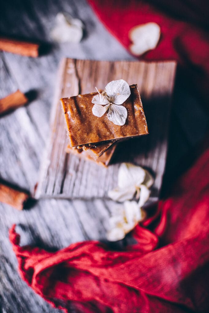 a top view of dried hydrangea on fudge