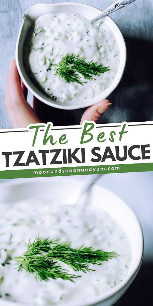 A bowl of creamy tzatziki sauce garnished with fresh dill, held by a hand, with text overlay reading "The Best Tzatziki Sauce.