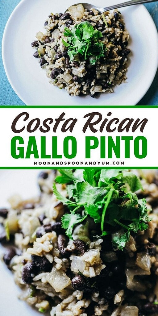 Close-up of Costa Rican gallo pinto on a white plate, featuring the traditional mix of rice, black beans, chopped vegetables, and a cilantro garnish with a spoon.