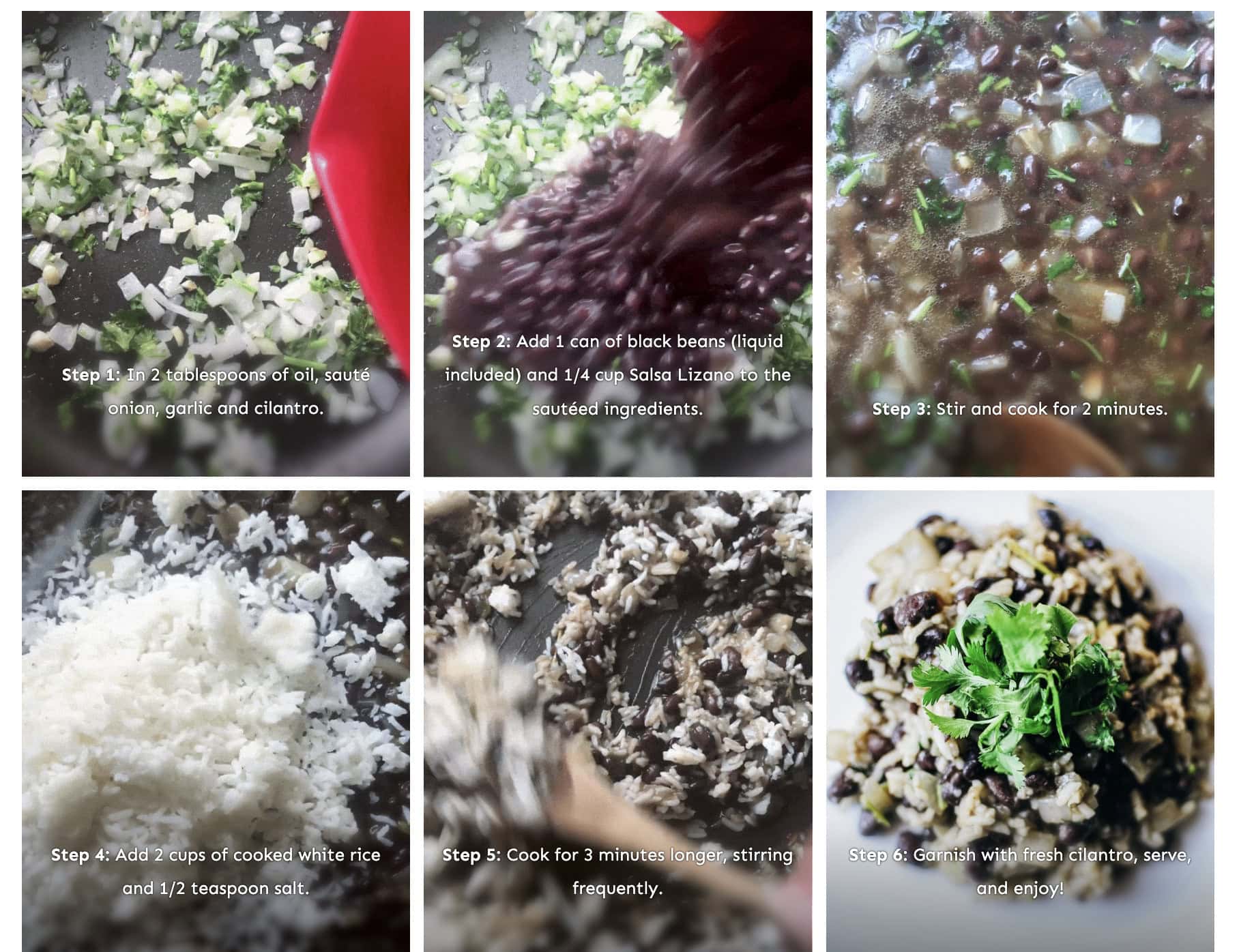Six-step process of preparing a flavorful gallo pinto rice and black bean dish, showing ingredients being sautéed, mixed, cooked, and garnished with fresh cilantro.