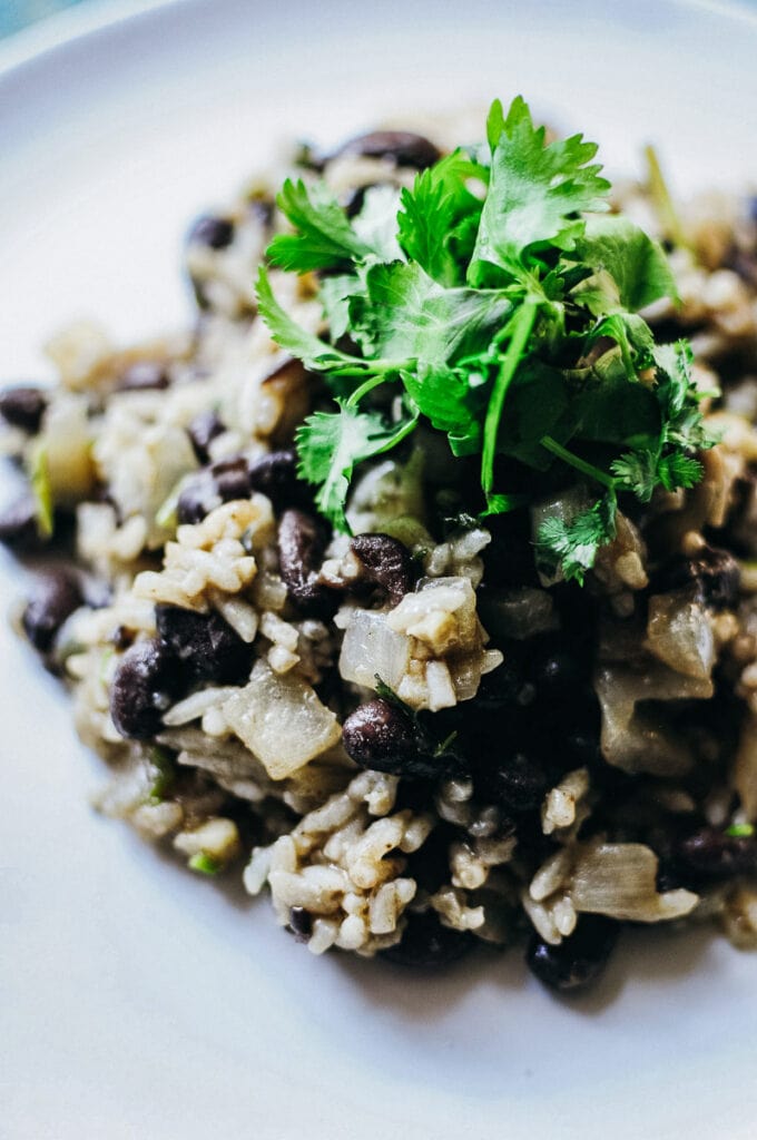 a close up shot of the central american dish gallo pinto topped with cilantro on a white plate