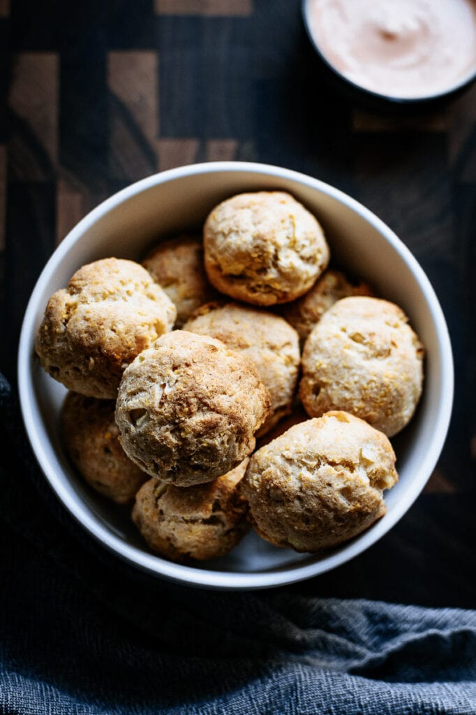 vegan gluten free hush puppies in a white bowl