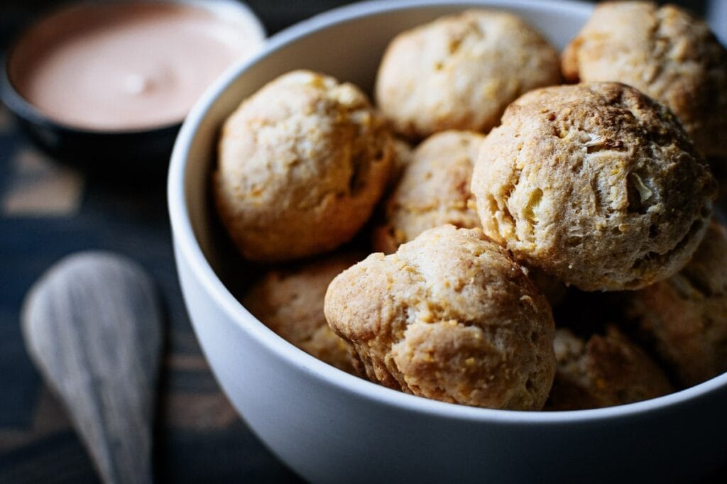 air fryer hush puppies in a white bowl