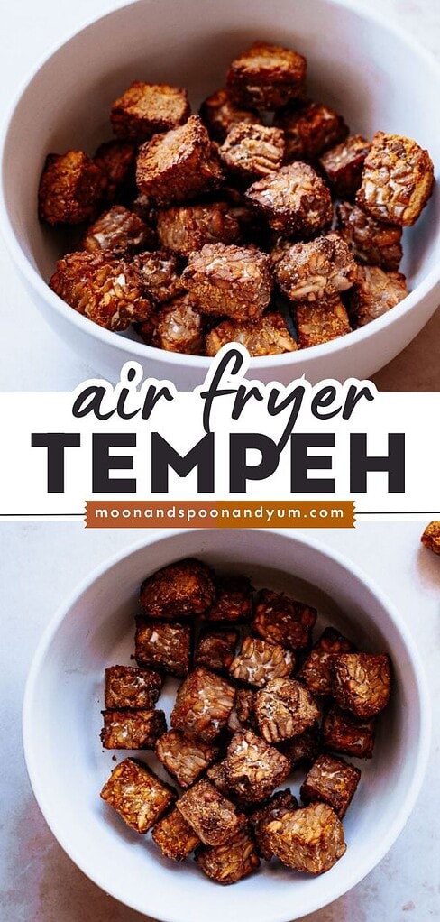 Cubed pieces of cooked tempeh in a white bowl, with text overlay reading "tempeh air fryer," perfect for those looking to learn how to cook tempeh in air fryer or explore easy air fryer tempeh recipes—moonandspoonandyum.com.