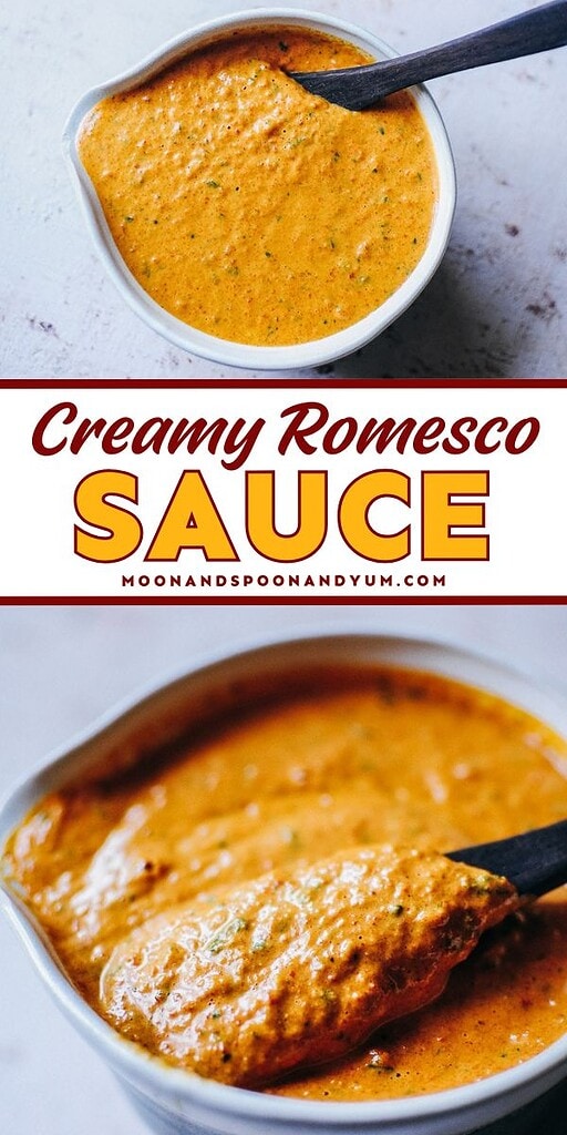 A bowl of creamy orange romesco sauce with herbs, shown with a black spoon, on a light surface. Text overlay reads: “Creamy Romesco Sauce.” Perfect whether you're curious about what is romesco sauce or searching for easy romesco sauce recipes and delicious romesco sauce uses.