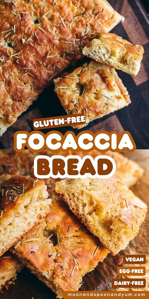 Close-up of sliced gluten free focaccia bread, topped with rosemary, highlighting its texture. Text overlays indicate that this gluten free focaccia bread recipe is vegan, egg-free, and dairy-free.