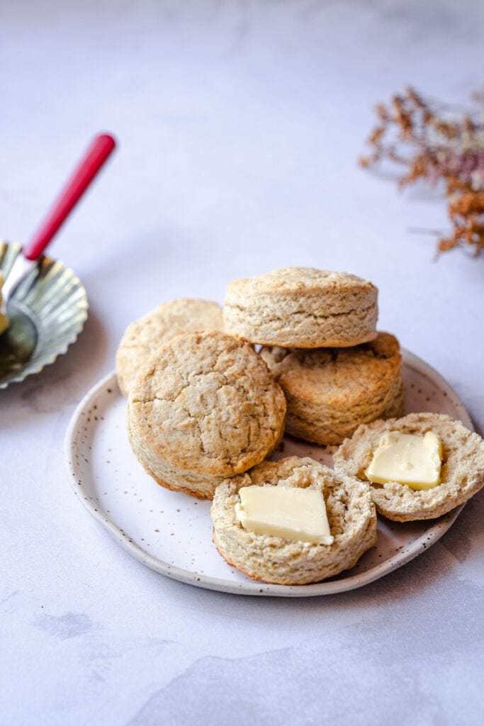 gf biscuits cut open with butter melting on their interiors