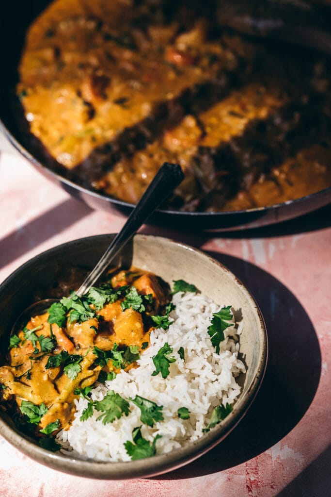 evening sunlight strikes a bowl of golden vegetable korma nestled alongside white rice and fresh cilantro