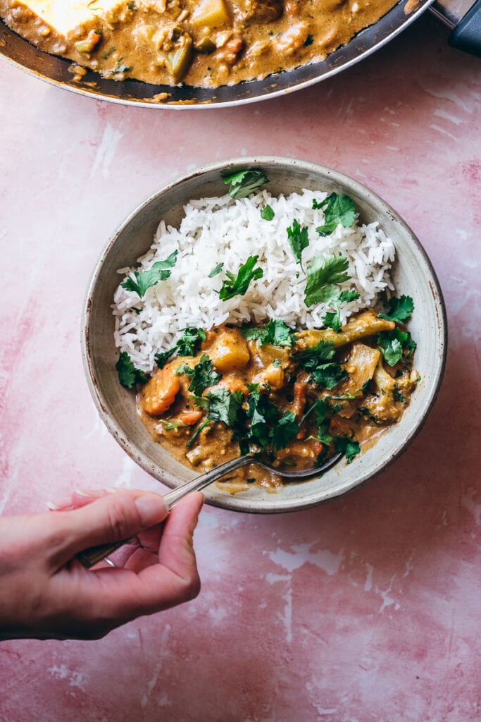 a hand holding a silver spoon stuck in a bowl of vegetable korma and rice on a pink table