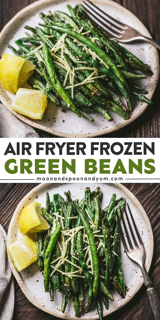 A plate of air fryer green beans topped with shredded cheese, served with lemon wedges and a fork on the side.