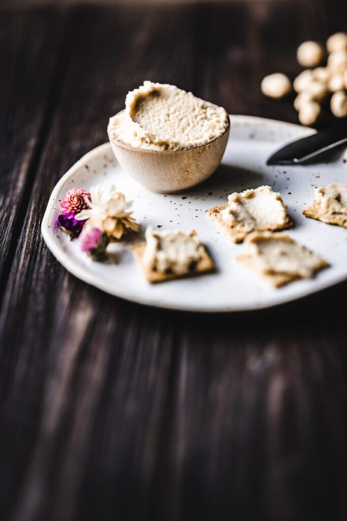 vegan cream cheese in small wooden bowl