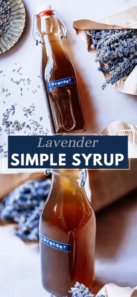 A glass bottle labeled "Lavender Simple Syrup" contains dark syrup, nestled among fresh lavender sprigs on a white surface.