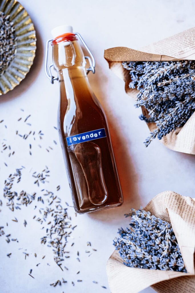 a bottle of homemade lavender syrup