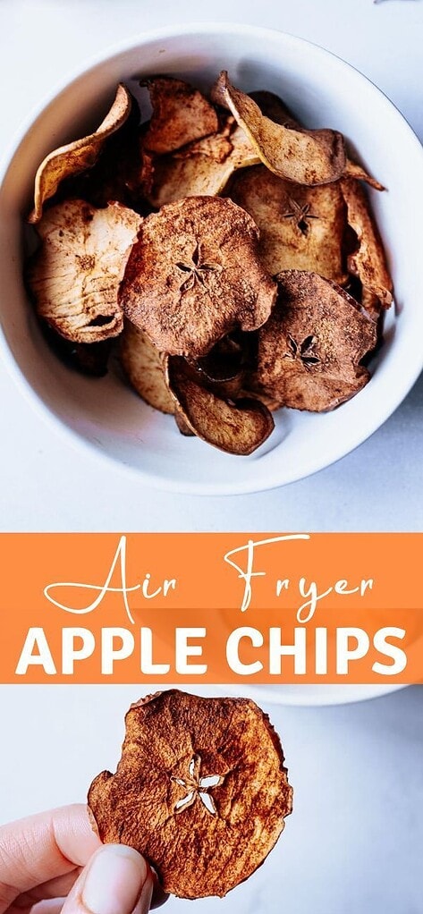 Close-up of a hand holding a crispy apple chip above a bowl of freshly made apple chips in air fryer. Text overlay reads “Air Fryer Apple Chips.” Perfect for anyone curious about how to make apple chips in air fryer using an easy and delicious recipe.