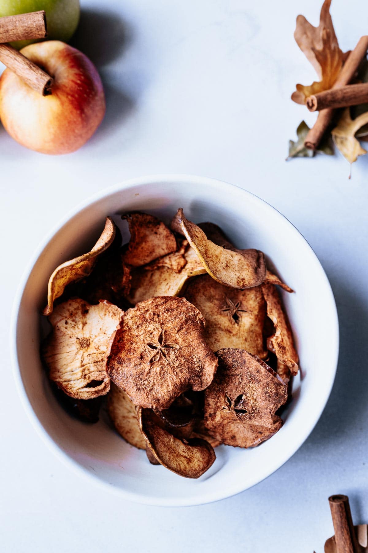 close up of cinnamon coconut sugar homemade air fryer apple chips recipe