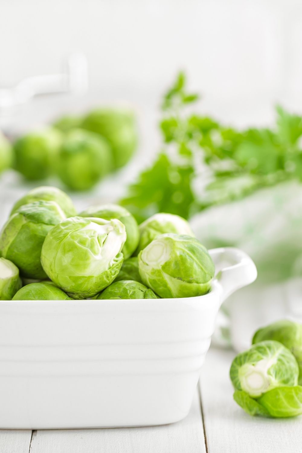 a white bowl of fresh brussels sprouts