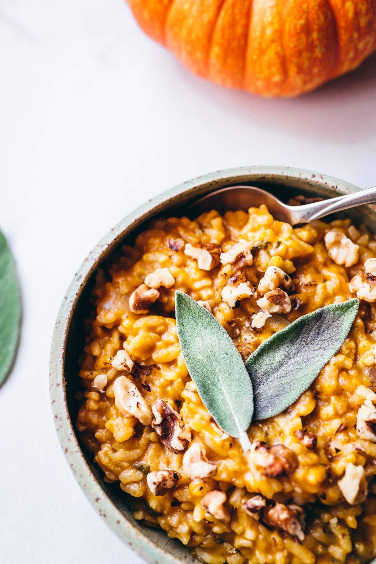 close up shot of creamy pumpkin risotto topped with walnuts