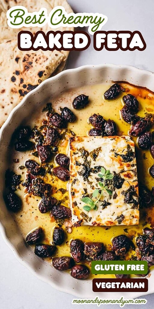 Baked feta topped with herbs, surrounded by olives and olive oil in a round baking dish, served with flatbread. Labels indicate gluten free and vegetarian.
