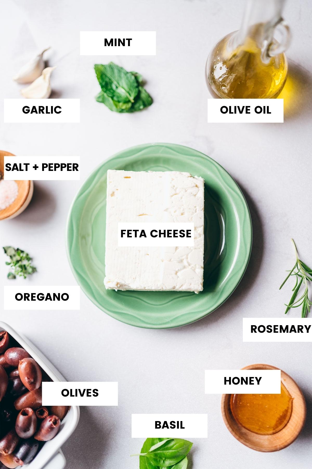 a labeled ingredients diagram showing what ingredients are needed to make baked feta recipe