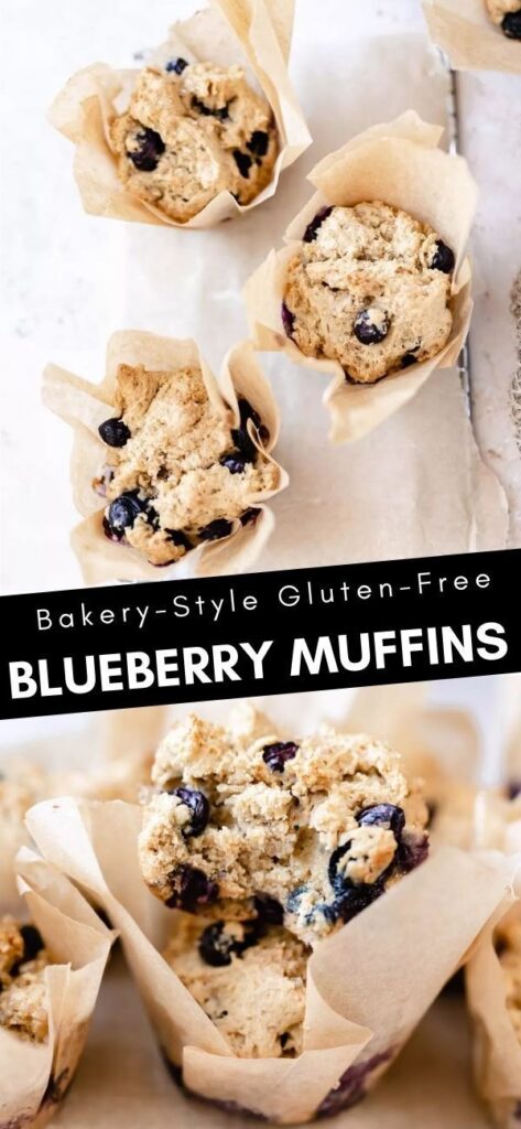 Bakery-style, gluten-free blueberry muffins in parchment paper wrappers, shown from top view and close-up, are a treat for everyone, especially with our vegan gluten-free blueberry muffin recipe.