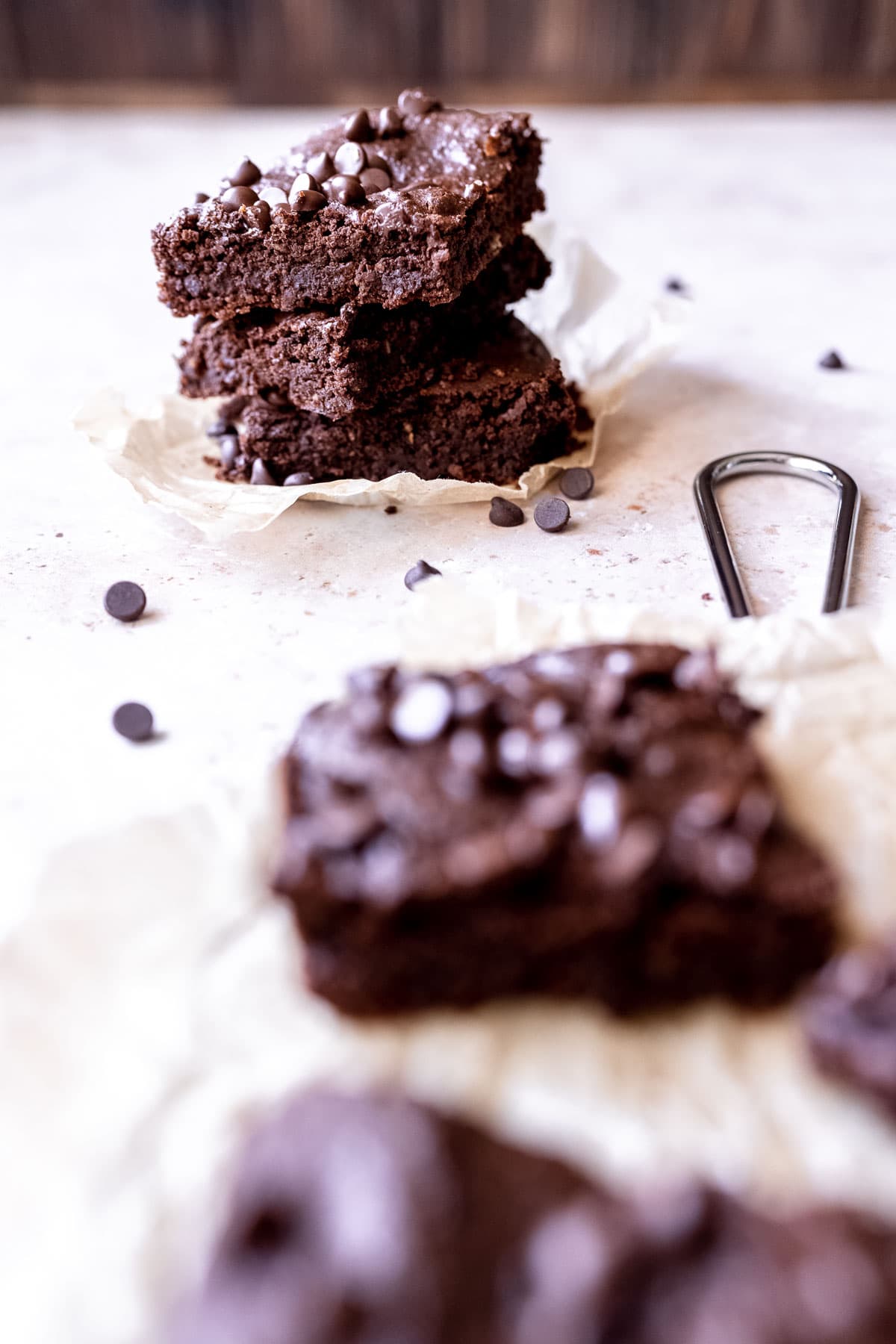 a side view of a stack of black bean brownies.