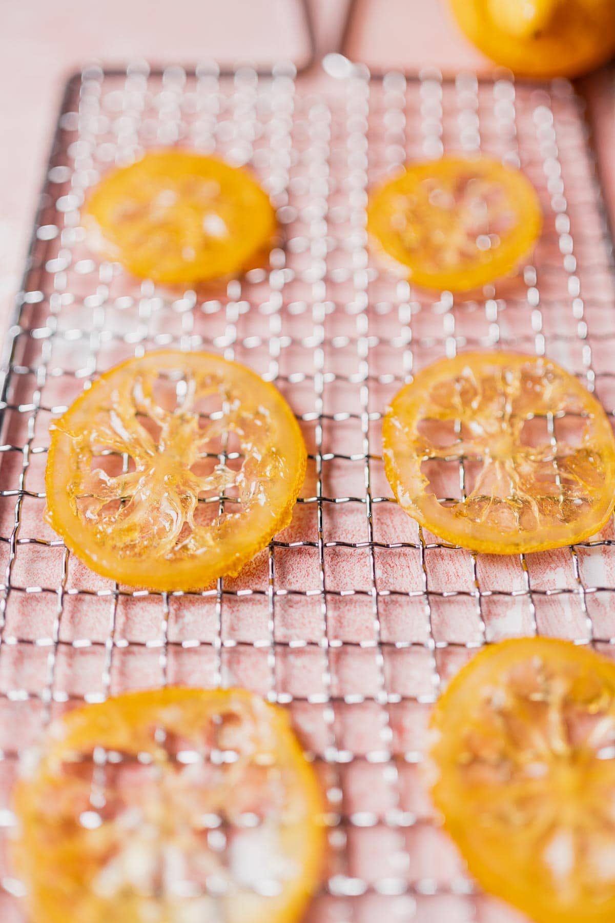 A close shot of a translucent yellow lemon slice on a silver grate.