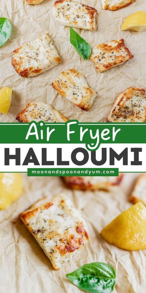 Air fryer halloumi slices with herbs rest on parchment paper, elegantly garnished with lemon wedges and fresh basil leaves.