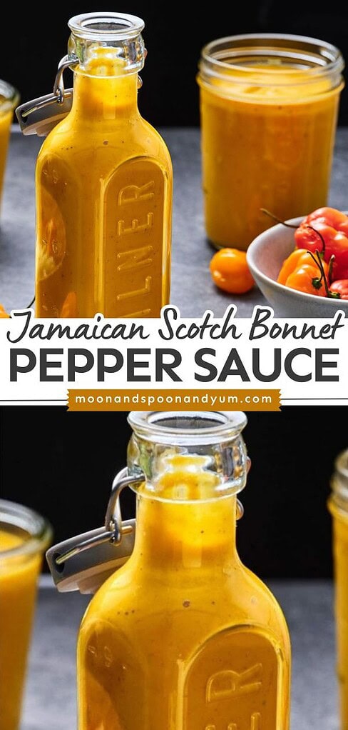 Glass bottle filled with vibrant yellow scotch bonnet pepper sauce, accompanied by a jar of sauce and fresh peppers in the background.