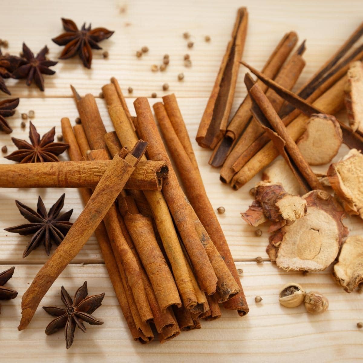 An assortment of dried spices used in Chinese five spice.