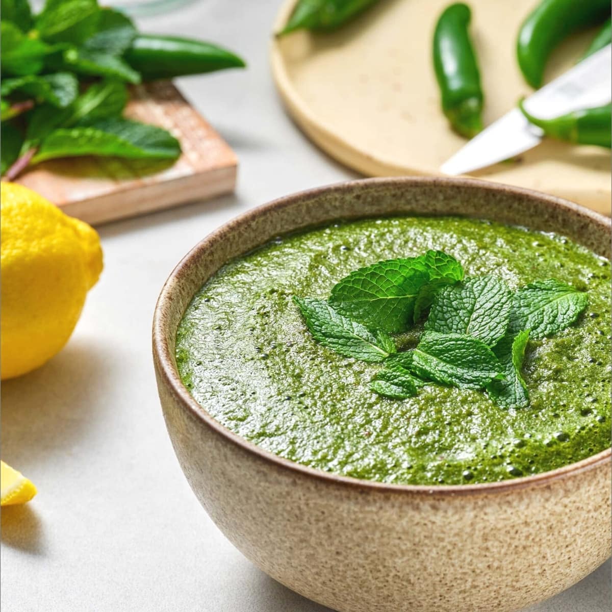 A small ceramic bowl filled with a vibrant green sauce topped with fresh green leaves.