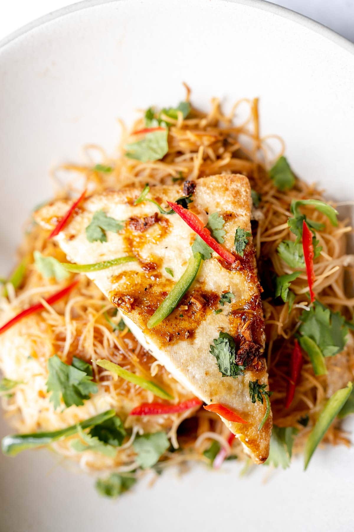 A close shot of a triangular slab of tofu resting on a bed of noodles.