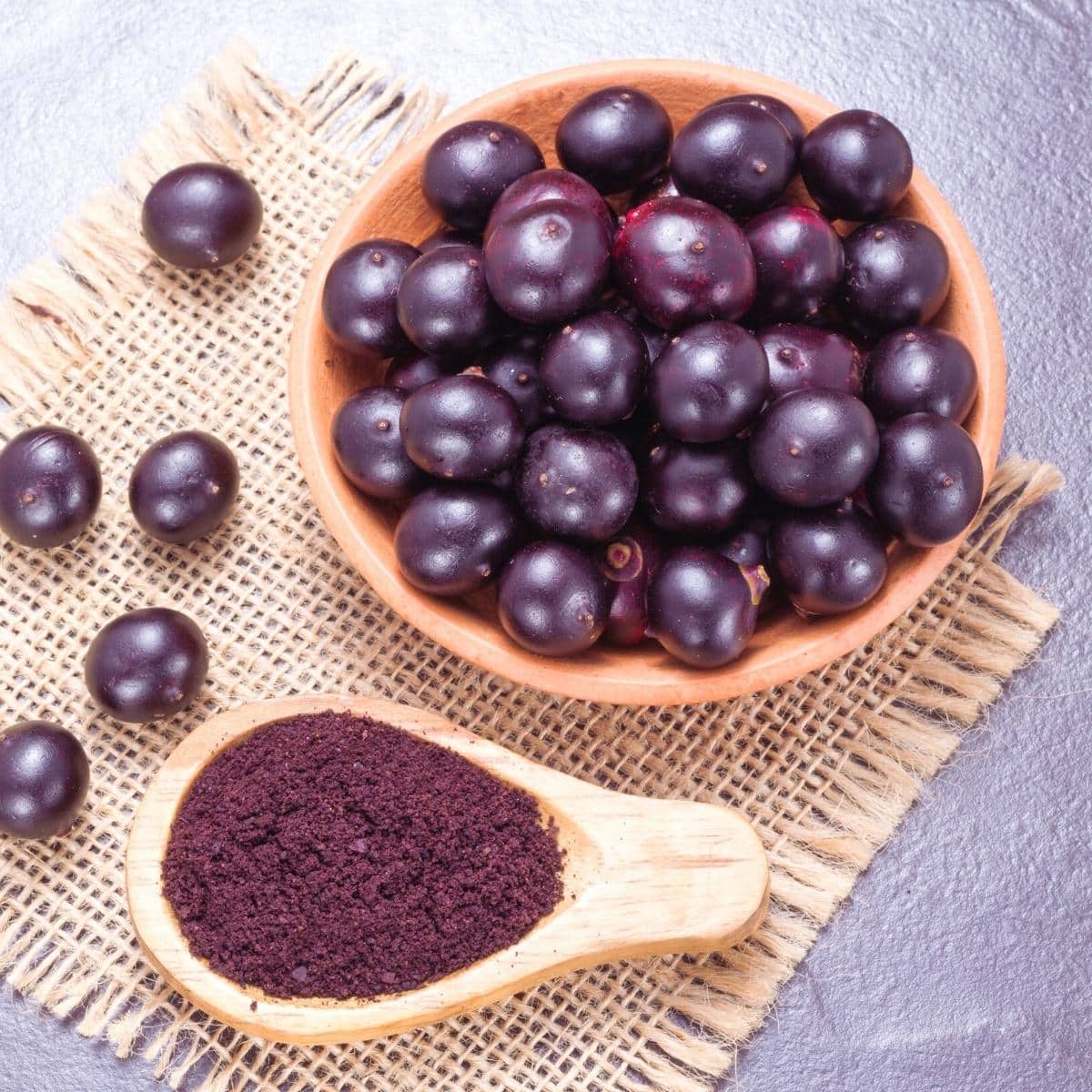 Acai berries and acai powder on a gray tabletop.