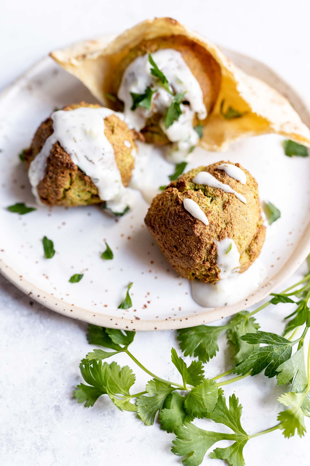 A speckled ceramic plate topped with crispy golden falafel drizzled with white sauce.