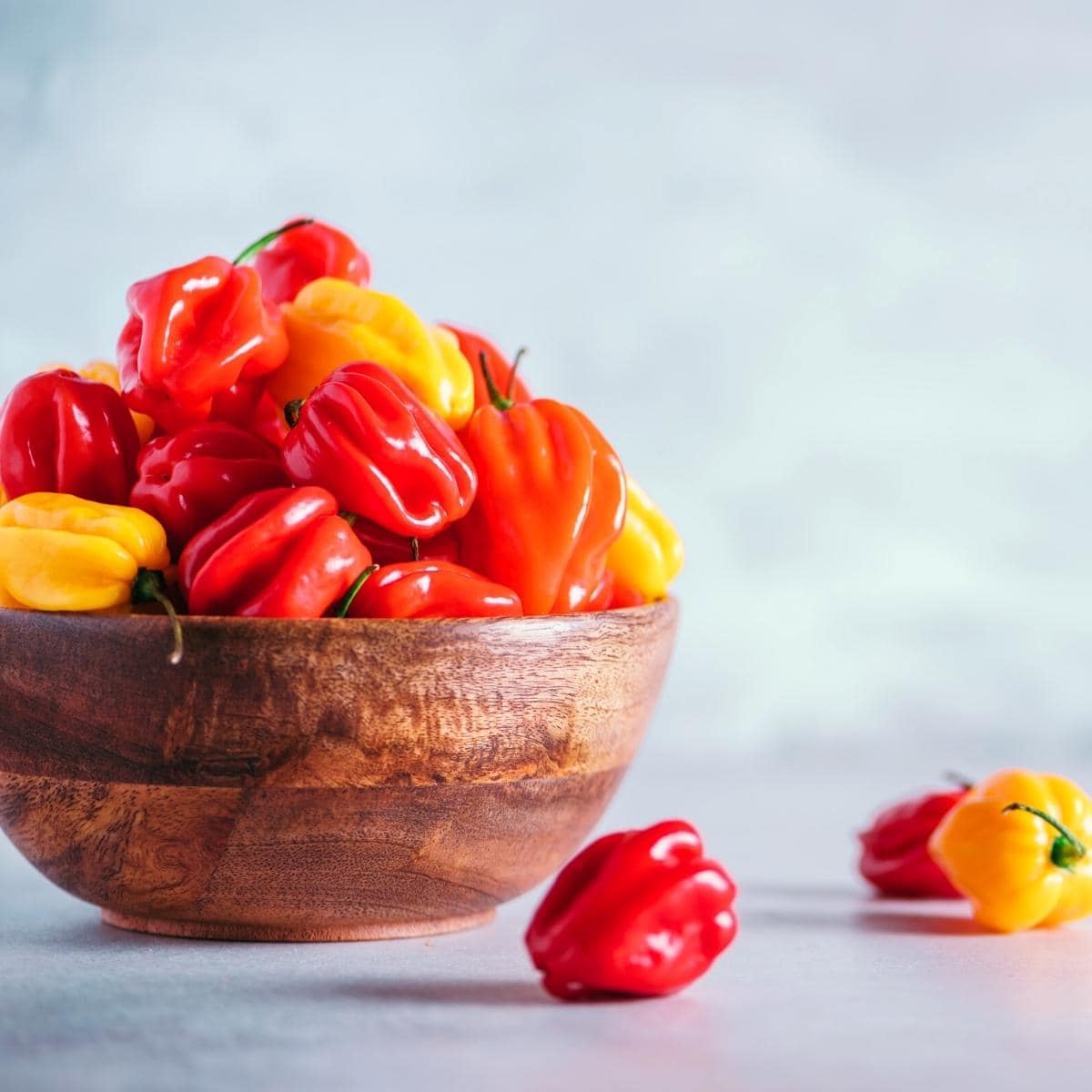 A wooden bowl filled with red and yellow scotch bonnet peppers.