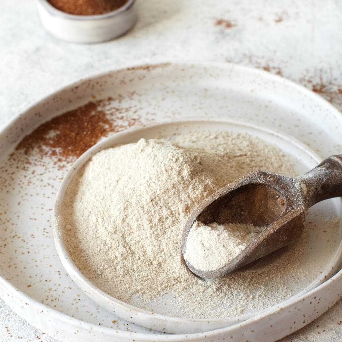 A ceramic plate topped with teff grain and teff flour.