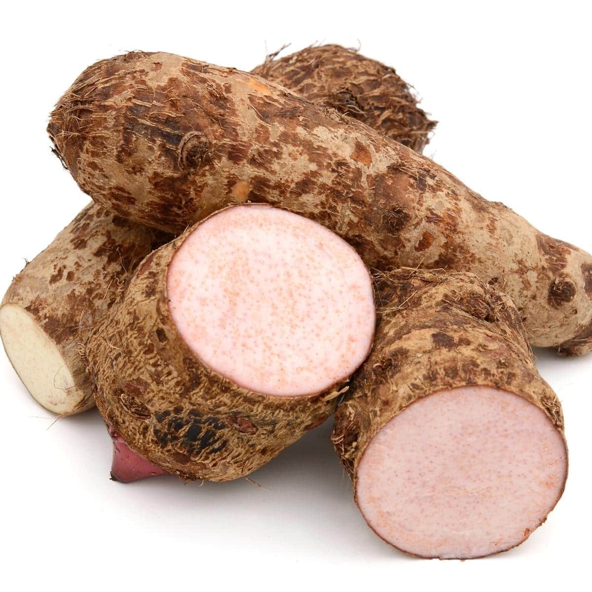 A pile of fresh taro root resting on a white backdrop.