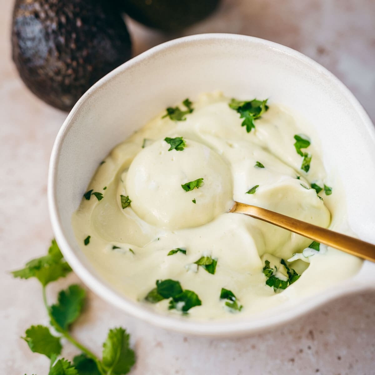 A white bowl filled with a creamy light green avocado crema sauce.