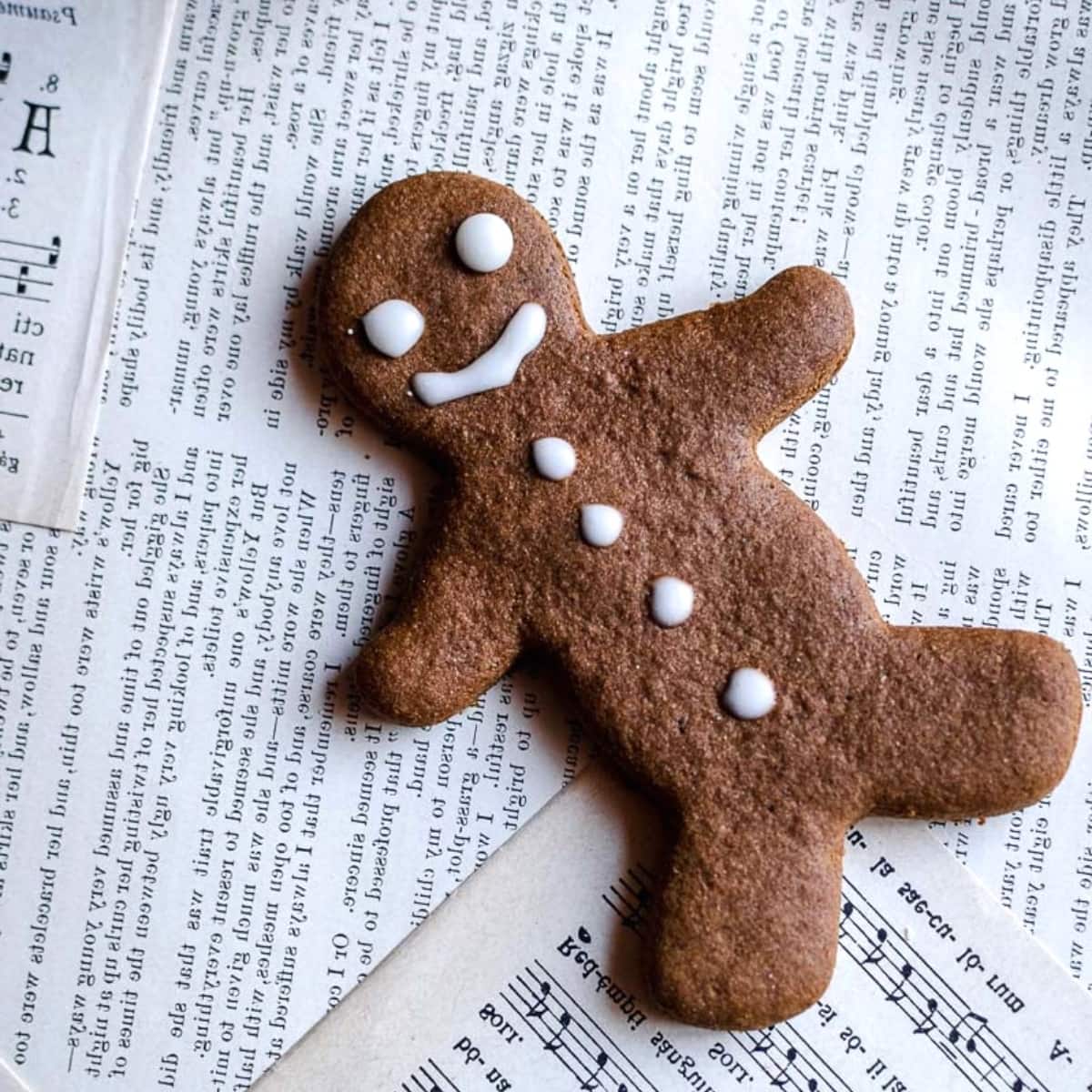 A brown gingerbread man cookies resting on sheets of paper from a book.