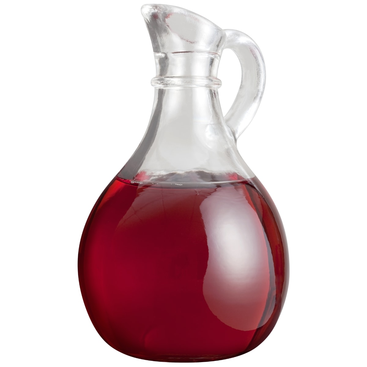 A clear glass container filled with red wine vinegar.