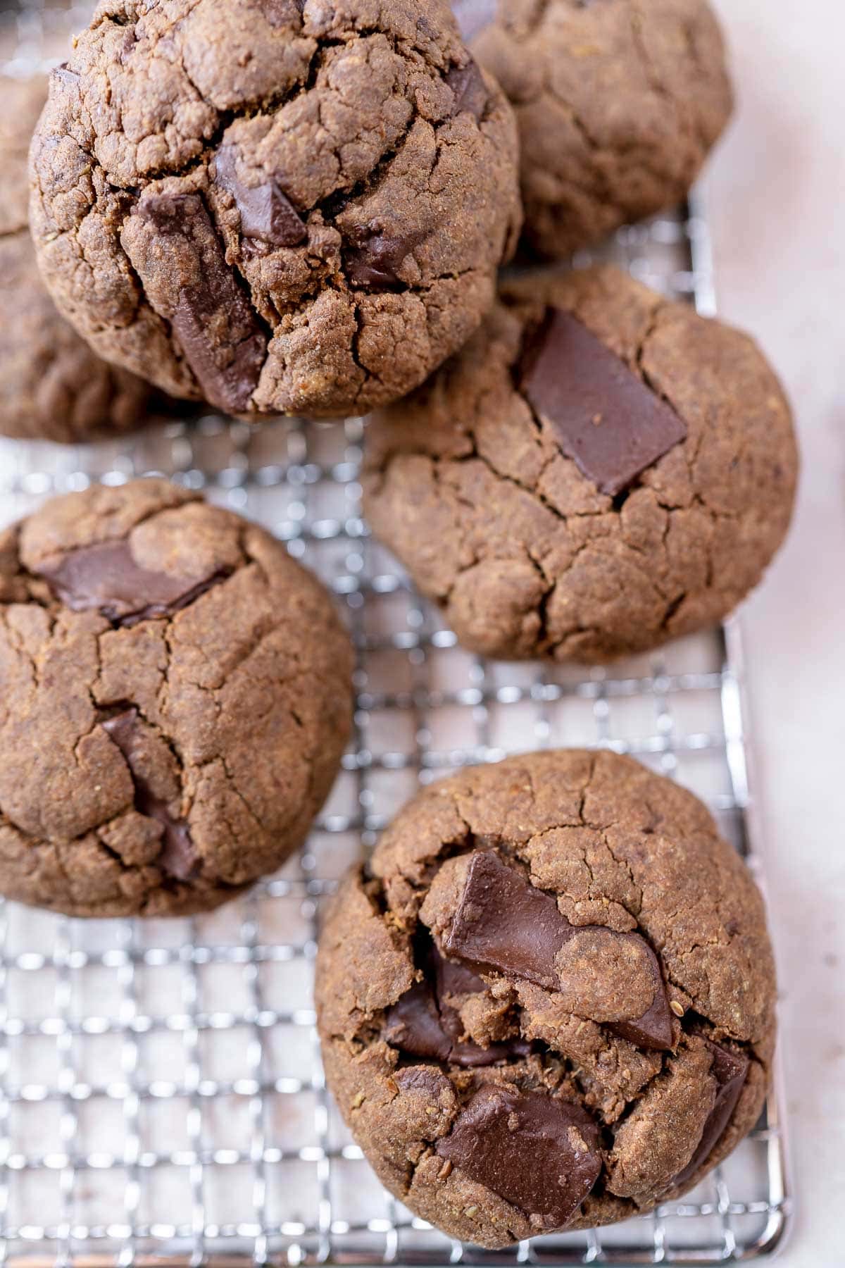 Close shot of dark chocolate chunk cookies.