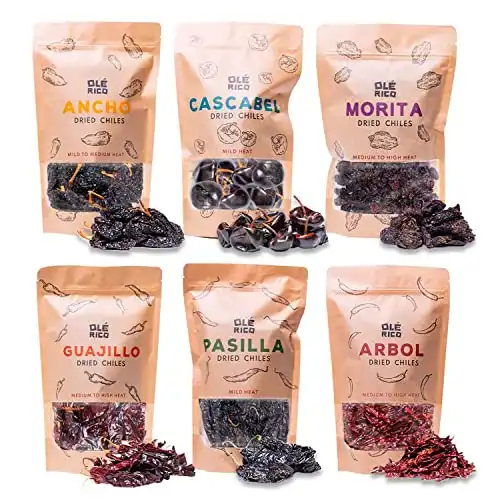 Dried Peppers 6 Pack Bundle - Ancho, Arbol, Guajillo, Pasilla, Chipotle, Cascabel Super Pack of Chiles