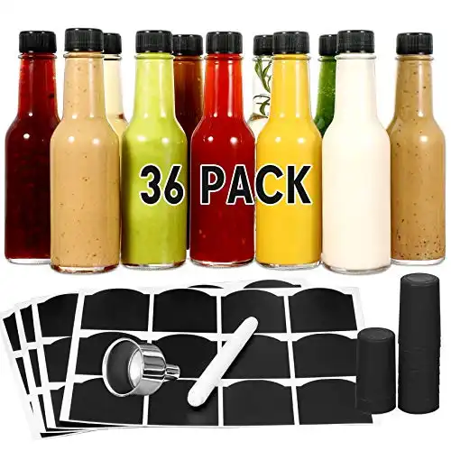 36-PACK Hot Sauce Bottles 5oz with Caps and Shrink Capsule, Funnel for Kitchen, Chalkboard Labels