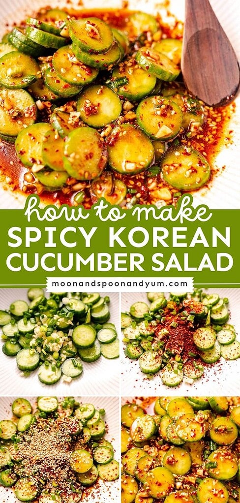 Collage showing steps to make korean cucumber salad: sliced cucumbers, mixed with seasonings, garnished with sesame seeds, and served in a bowl with a spoon.