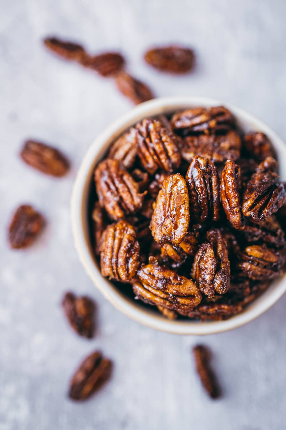 Close shot of a freshly made candied pecans.