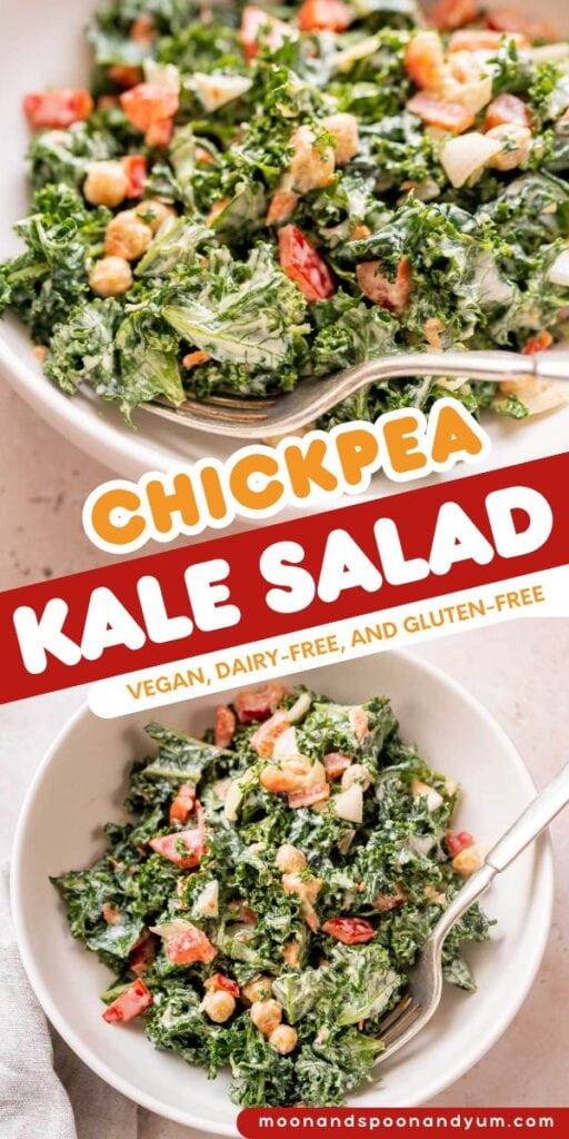 Two bowls of chickpea kale salad with diced red peppers and a creamy dressing, labeled as vegan, dairy-free, and gluten-free.