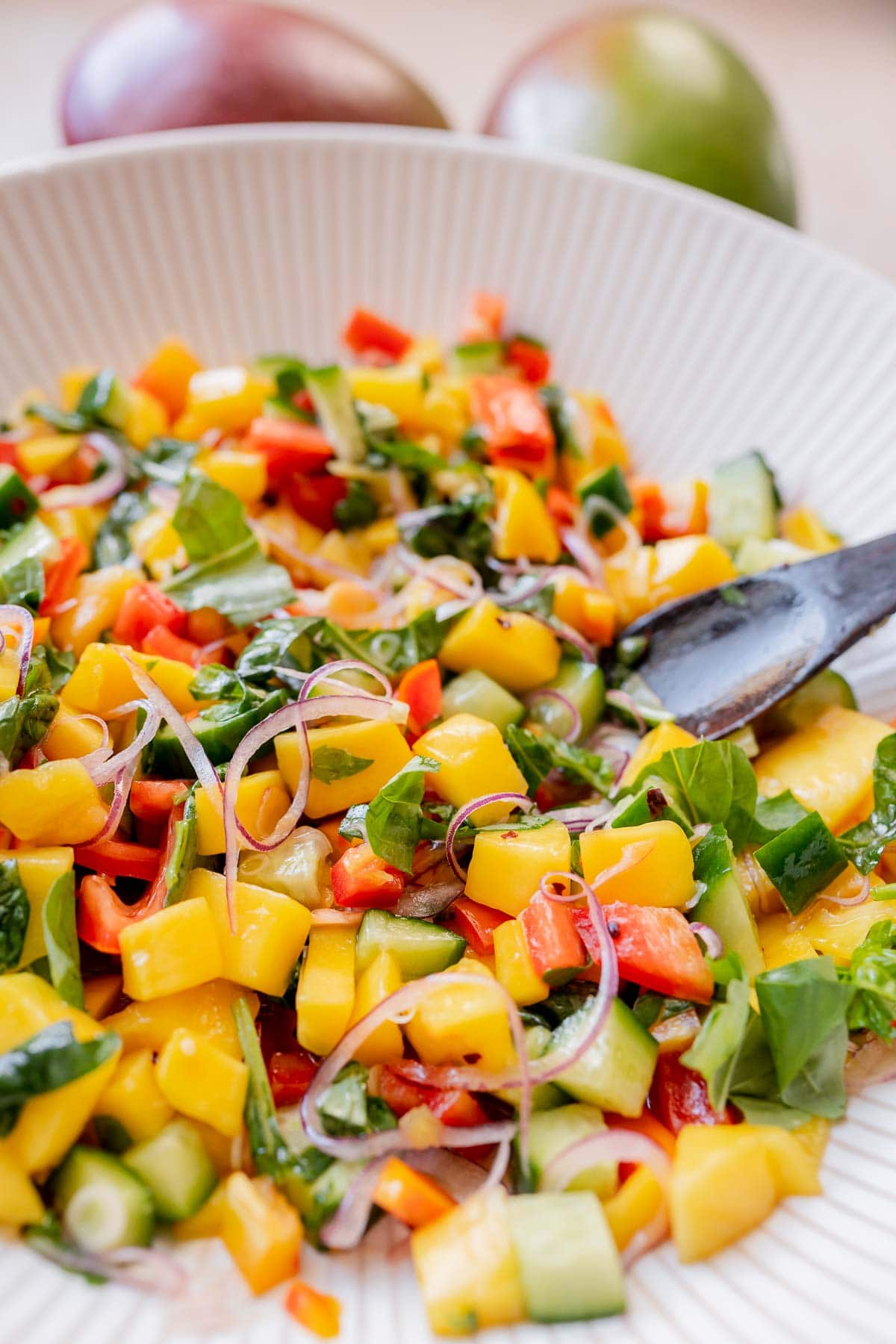A wooden spoon rests on the rim of a large white bowl filled with mango salad.