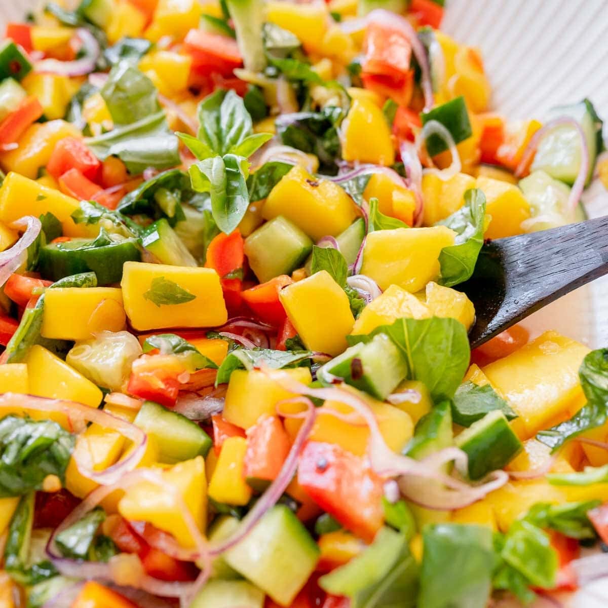 A close shot of a wooden spoon scooping a spoonful of mango salad.