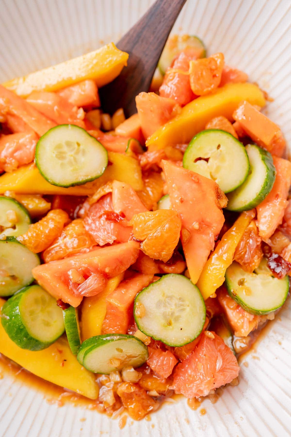 Close shot of a spicy fruit salad.